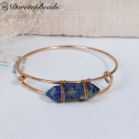 Lapis Lazuli Copper Chakra Expandable Bracelets Single Bar Deep Blue Round 21cm(8 2/8")