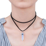 Opal Velet Suede Double Layer Chakra Choker Necklace Black Boho 34cm(13 3/8") Long