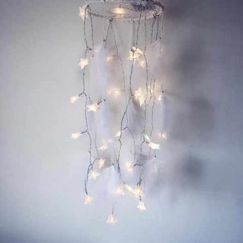 LED Star Light Dreamcatcher with White Feather Pearl Dream Catcher Wall Hanging Home Party Decoration Gift 20*20*65cm 45