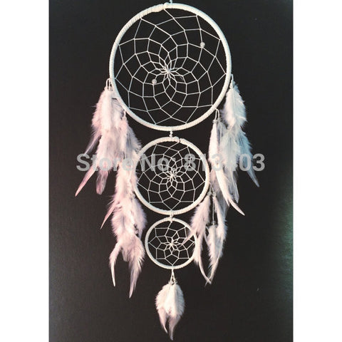 White Triple Dream Catcher, White Web, White Feathers and Bead