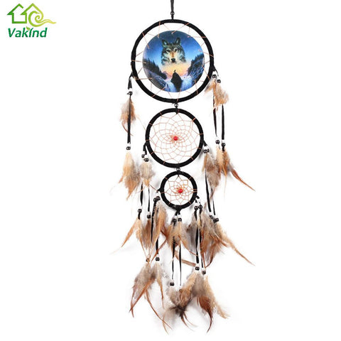 Home Wall Hanging Decoration Wolf Pattern Ornament Dream Catcher with Feathers