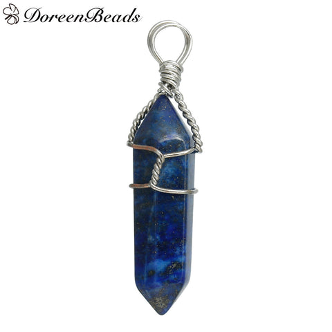 DoreenBeads Created Lapis Lazuli Chakra gem stone Pendants dull silver color Deep Blue 4.3cm x1.1cm(1 6/8" x 3/8")- 4cm x1cm