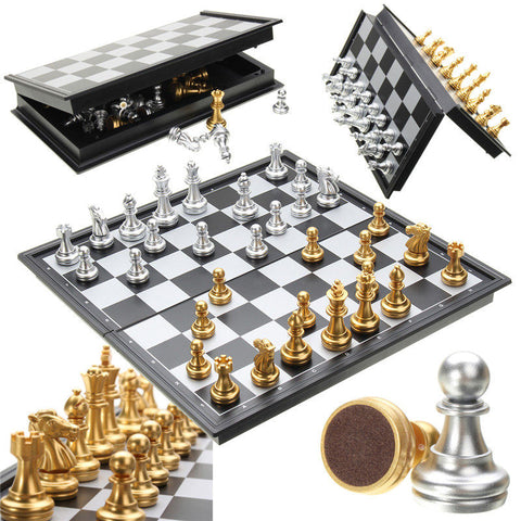 Chess Set Silver Gold Pieces Folding Magnetic Folding Board Contemporary Game