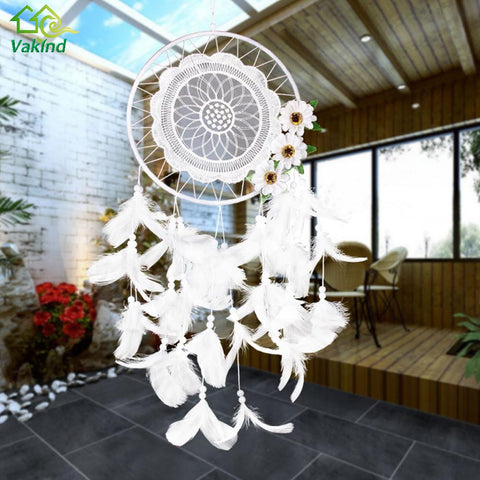 White Lace Flower Dreamcatcher Wind Chimes Indian Style Feather Pendant Dream Catcher